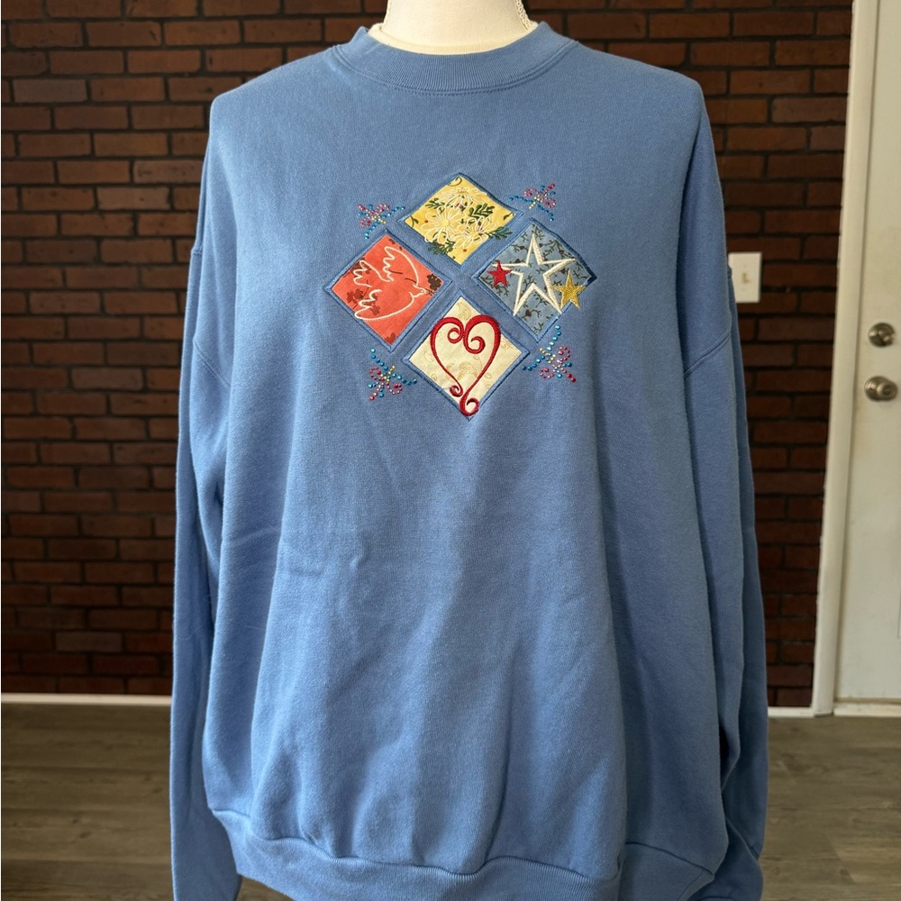MC Sportswear Embroidered Patchwork Sweatshirt Blue‎ XL Cottagecore Cozy